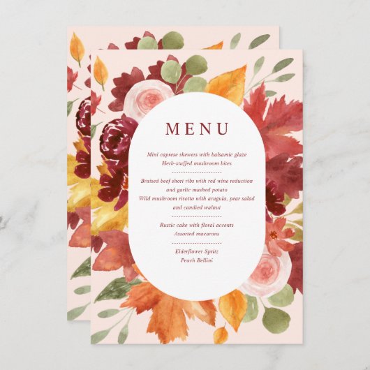 Boho Floral Burgundy Wedding Tischnummer Menu (Vorne/Hinten)