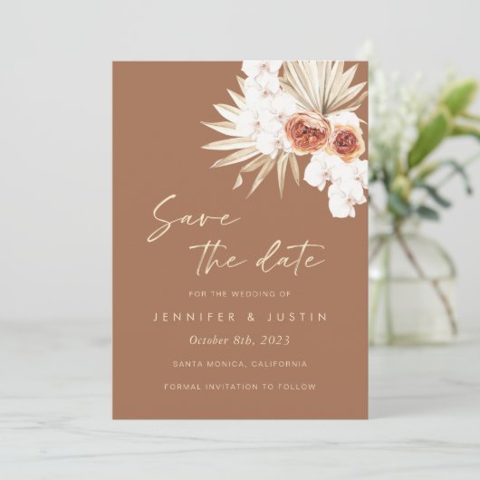 Boho Floral Burnt Orange Save the Date Card Einladung (Stehend Vorderseite)