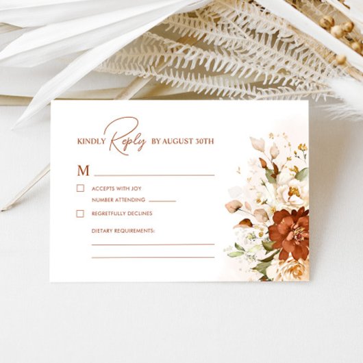 Boho Floral Burnt Orange Terracotta Wedding RSVP Karte