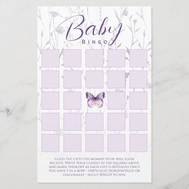 Boho Floral Butterfly Babydusche Bingo Game Card (Vorderseite)