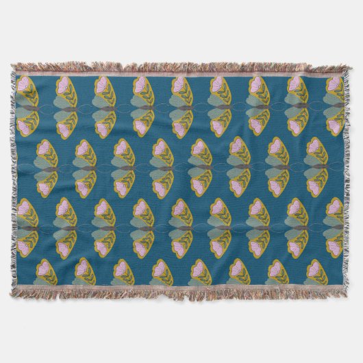 Boho Floral Butterfly Illustration Patter Blue Decke (Vorderseite)