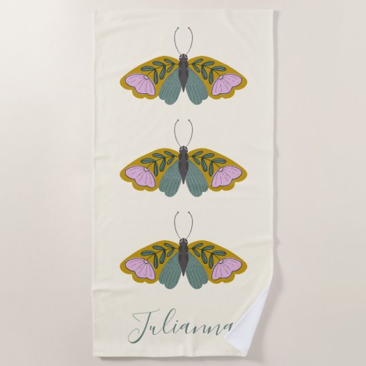 Boho Floral Butterfly Illustration Personalisiert Strandtuch (Vorderseite)