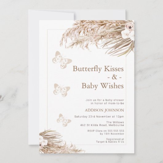 Boho Floral Butterfly Kisses Baby Shower Einladung (Vorderseite)