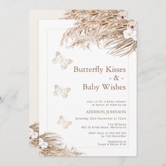 Boho Floral Butterfly Kisses Baby Shower Einladung (Vorne/Hinten)