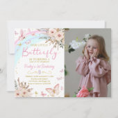 Boho Floral Butterfly Rainbow Birthday Foto Einladung (Vorderseite)