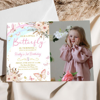Boho Floral Butterfly Rainbow Birthday Foto Einladung