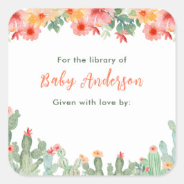 Boho Floral Cactus Baby Library Buchzeichen Quadratischer Aufkleber