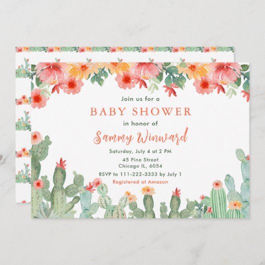 Boho Floral Cactus Baby Shower Einladung (Vorne/Hinten)