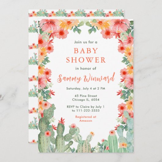 Boho Floral Cactus Baby Shower Einladung (Vorne/Hinten)
