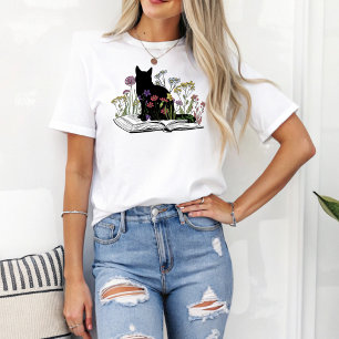 Boho Floral Cat Sitting on Books Book Lover T-Shirt