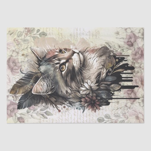 Boho Floral Cat Watercolor Seidenpapier (Vorderseite)