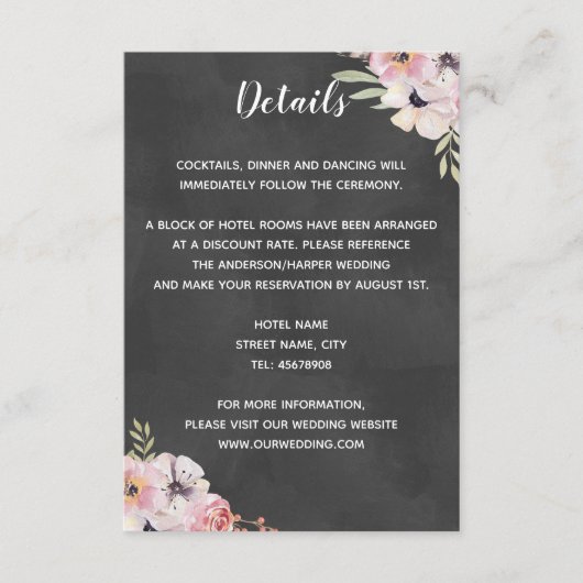Boho Floral Chalkboard Wedding Detail Card Begleitkarte (Vorderseite)