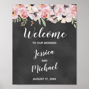 Boho Floral Chalkboard Wedding Welcome Sign Poster