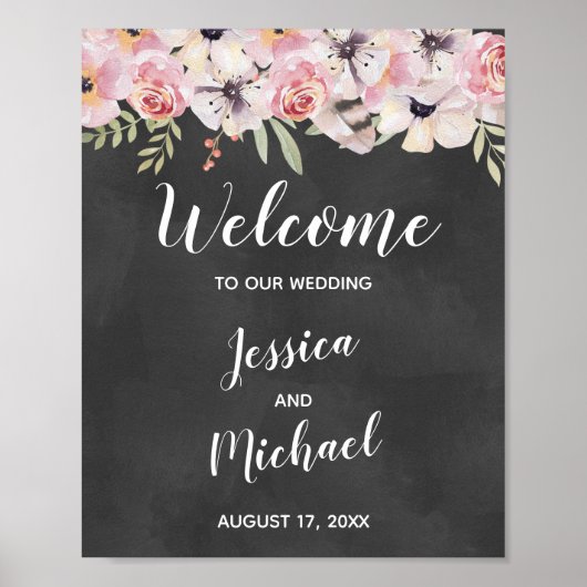 Boho Floral Chalkboard Wedding Welcome Sign Poster (Vorne)