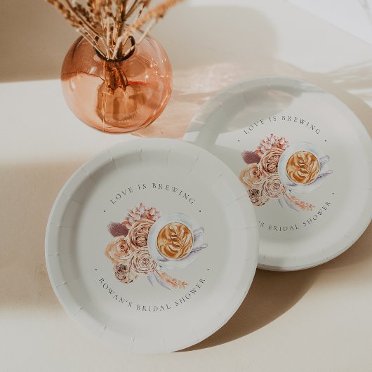 Boho Floral Coffee "Liebe is Brewing" Brautparty Pappteller