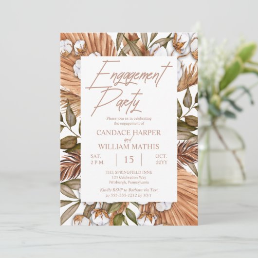 Boho Floral Cotton |Gruppe "Getrocknete Gräser" Einladung (Stehend Vorderseite)