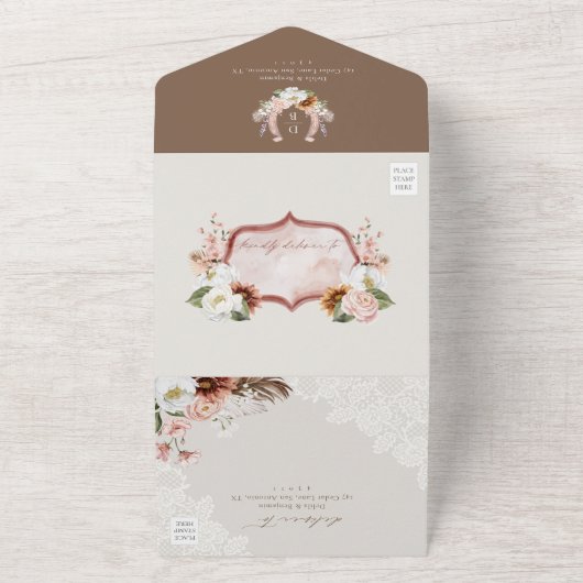 Boho Floral Country Western Monogram Foto Hochzeit All In One Einladung (Außenbereich)