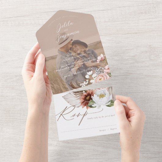 Boho Floral Country Western Monogram Foto Hochzeit All In One Einladung (Abreißen)