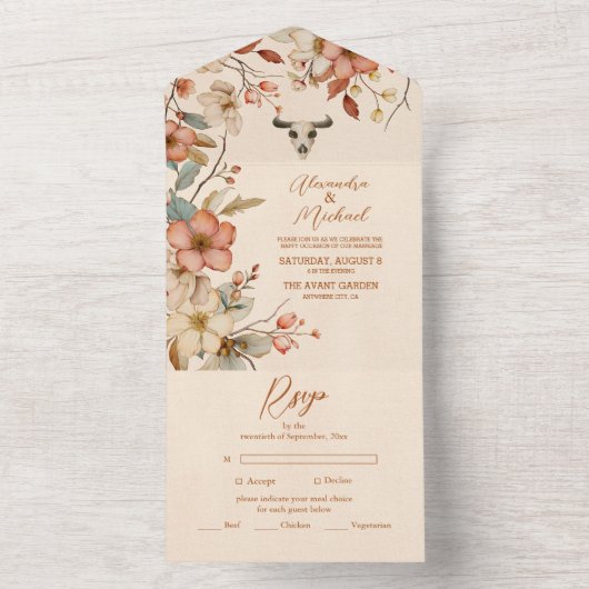 Boho Floral Country Western Wedding All In One Einladung (Innen Boden)