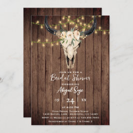 Boho Floral Cow Skull auf Rustic Wood Brautparty Einladung