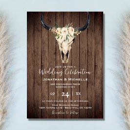 Boho Floral Cow Skull auf Rustic Wood Wedding Einladung