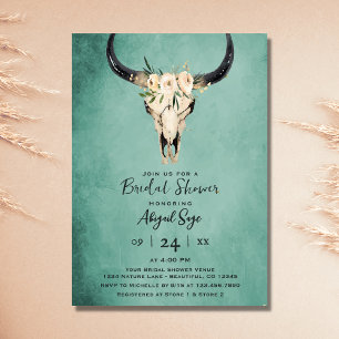 Boho Floral Cow Skull auf Türkis Brautparty Einladung