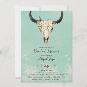 Boho Floral Cow Skull auf Türkis Brautparty Einladung