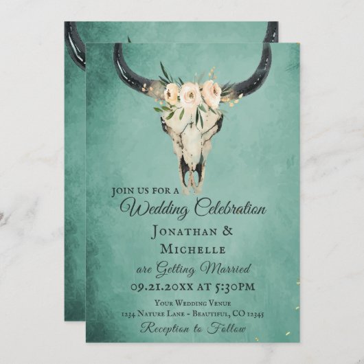 Boho Floral Cow Skull auf Türkishochzeit Einladung (Vorne/Hinten)