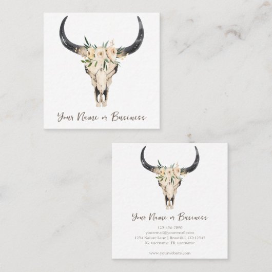 Boho Floral Cow Skull auf Weiß Quadratische Visitenkarte (Vorne/Hinten)
