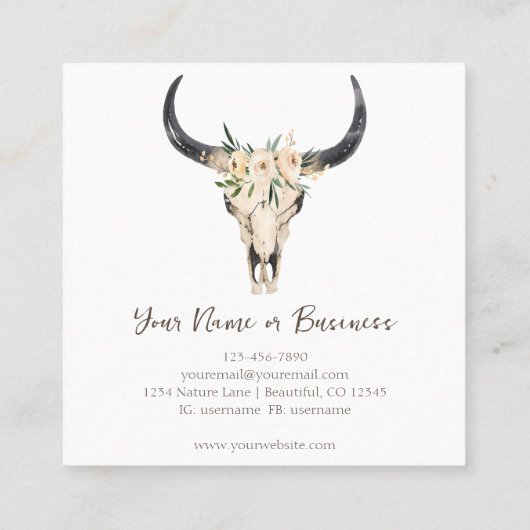 Boho Floral Cow Skull auf Weiß Quadratische Visitenkarte (Rückseite)