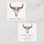Boho Floral Cow Skull auf Weiß Quadratische Visitenkarte (Vorne/Hinten)