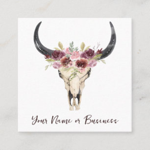 Boho Floral Cow Skull auf Weiß Quadratische Visitenkarte