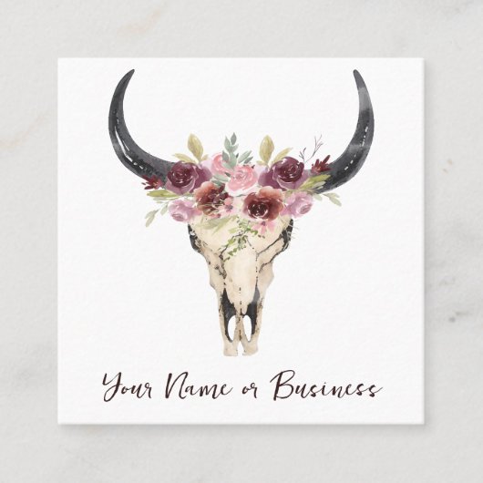 Boho Floral Cow Skull auf Weiß Quadratische Visitenkarte (Vorderseite)