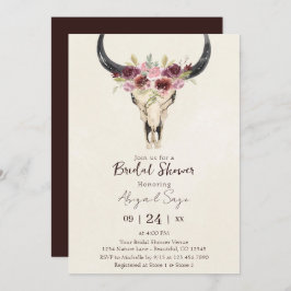 Boho Floral Cow Skull Burgundy Cream Brautparty Einladung