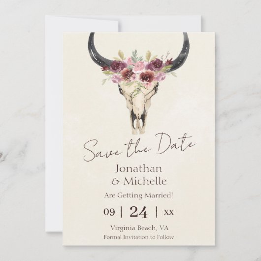 Boho Floral Cow Skull Burgundy FOTO Wedding Save The Date (Vorderseite)