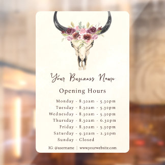 Boho Floral Cow Skull Business Store Stunden Fensteraufkleber