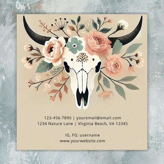 Boho Floral Cow Skull Quadratische Visitenkarte