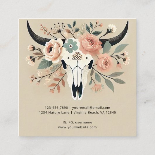 Boho Floral Cow Skull Quadratische Visitenkarte (Rückseite)