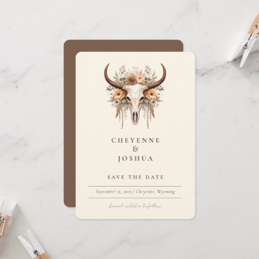 Boho Floral Cow Skull Western QRcode Save the Date Einladung (Vorderseite/Rückseite Beispiel)