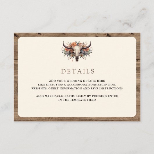 Boho Floral Cow Skull Western Wedding Details Begleitkarte (Vorderseite)