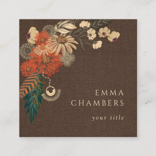 Boho Floral Creme Brown Linen Business Card Quadratische Visitenkarte (Vorderseite)