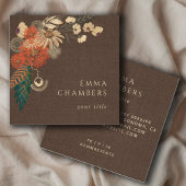 Boho Floral Creme Brown Linen Business Card Quadratische Visitenkarte