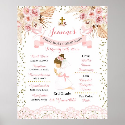Boho Floral Cross Girl Erster Kommunionszeichen Poster (Vorne)