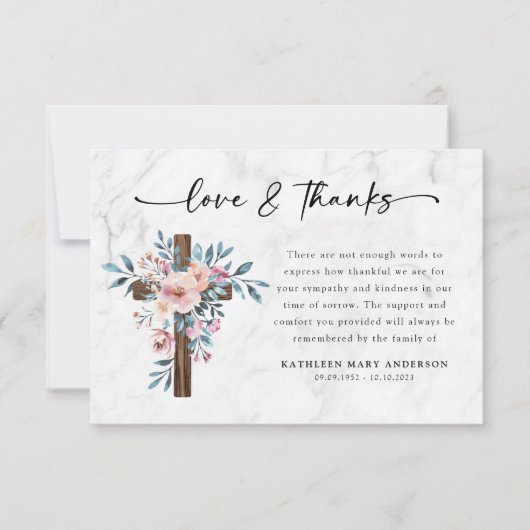 Boho Floral Cross Script Funeral Dankeskarte (Vorderseite)