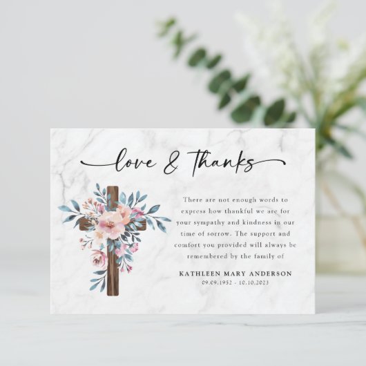 Boho Floral Cross Script Funeral Dankeskarte (Stehend Vorderseite)