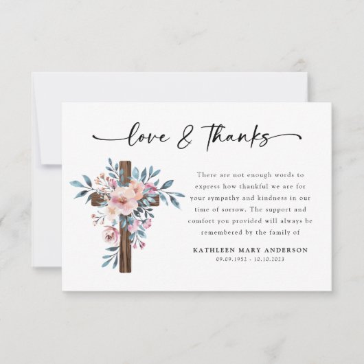 Boho Floral Cross Script Funeral Dankeskarte (Vorderseite)