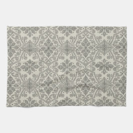 Boho Floral Damask Line Art, Black on Beige Geschirrtuch