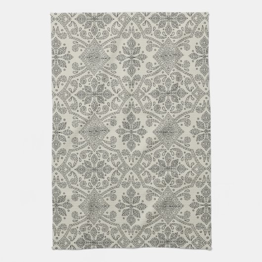 Boho Floral Damask Line Art, Black on Beige Geschirrtuch (Vertikal)