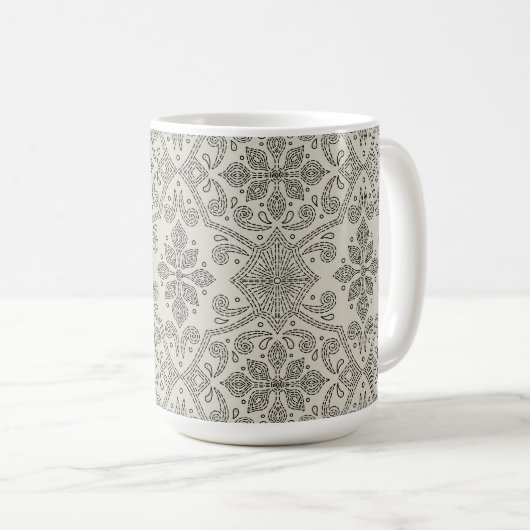 Boho Floral Damask Line Art, Black on Beige Kaffeetasse (VorderseiteRechts)