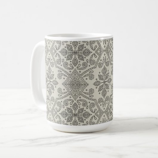 Boho Floral Damask Line Art, Black on Beige Kaffeetasse (Vorderseite Links)